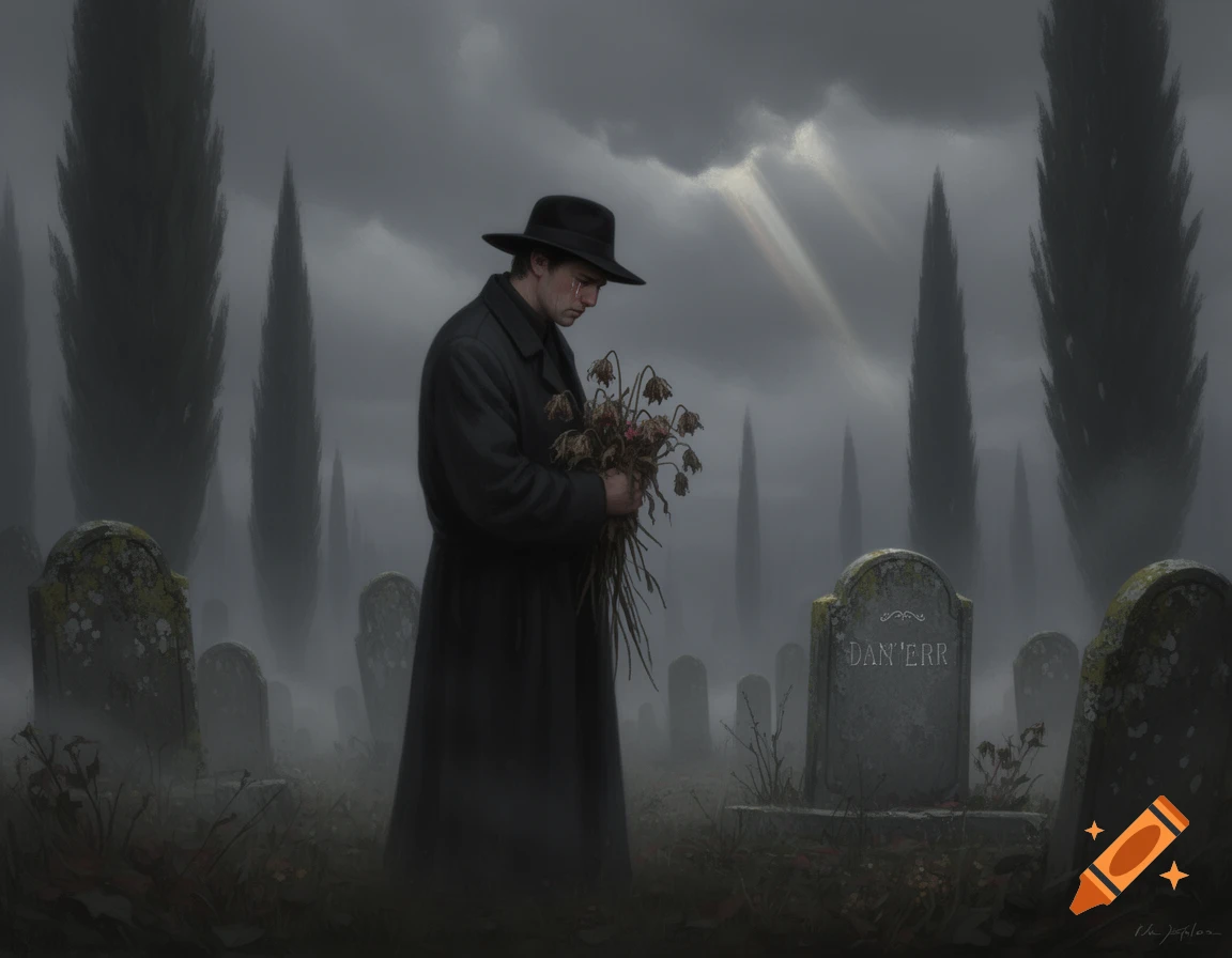 A man in a black coat and hat stands solemnly in a misty graveyard, holding withered flowers beside a gravestone, with tall trees and light rays in the background.