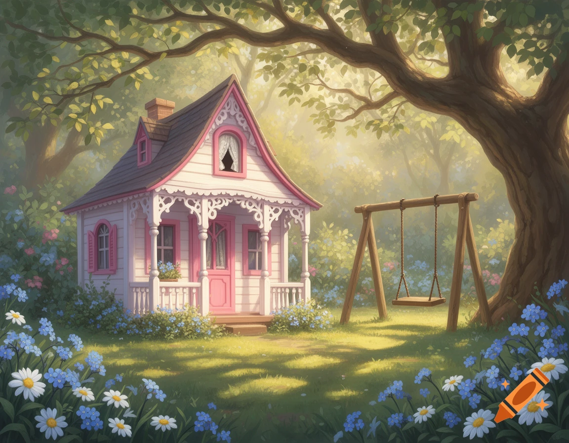 A whimsical pink and white playhouse with a porch and a swing set under a large tree in a sunlit, flower-filled forest.