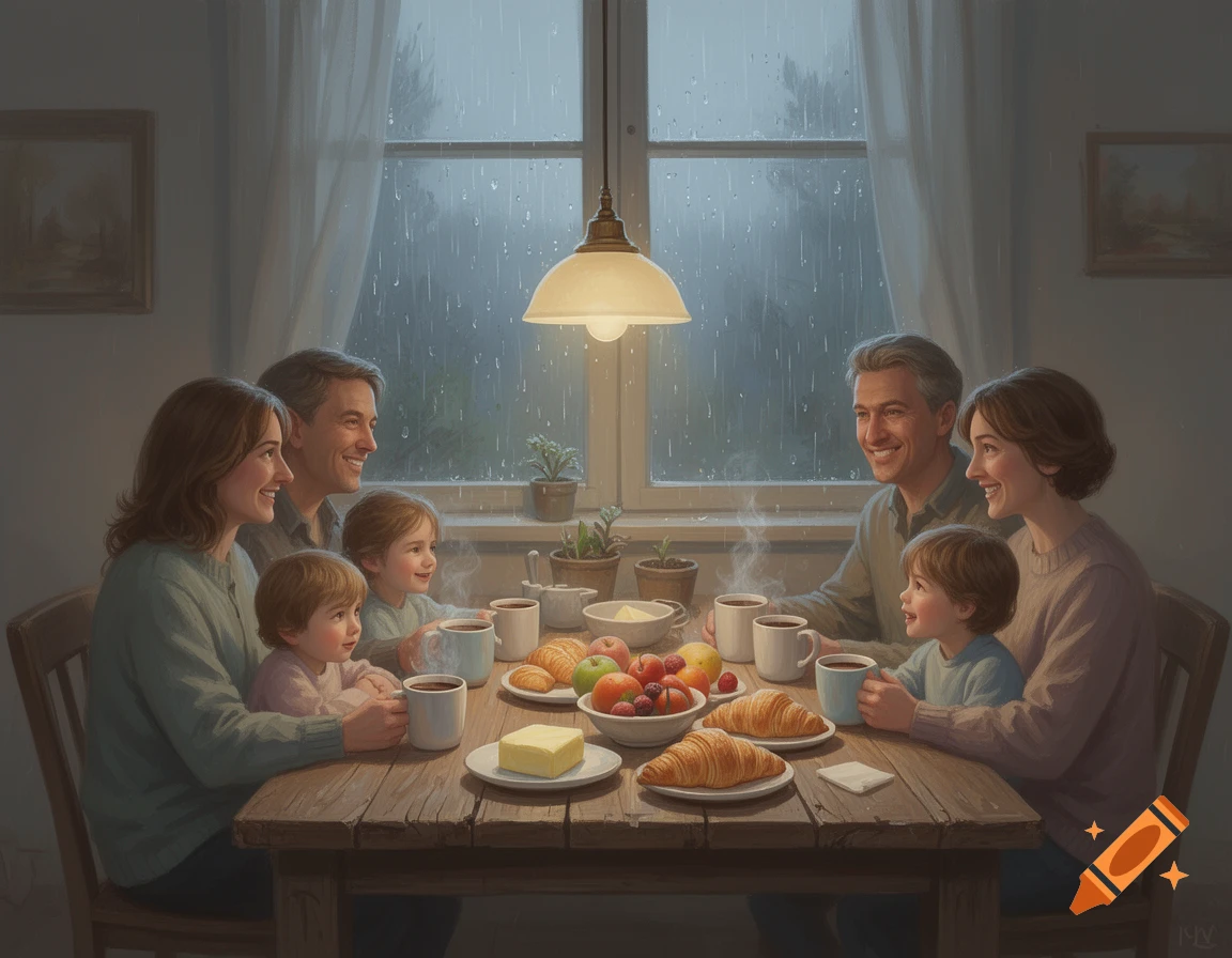 A family of four enjoys a cozy breakfast at a rustic wooden table, with rain falling outside a large window.