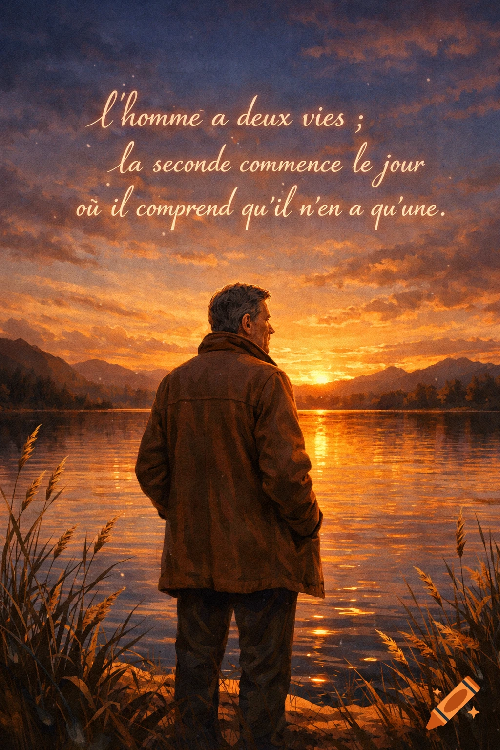 A man in a brown jacket stands by a lake, watching a fiery sunset over mountains, with a French quote in the sky.