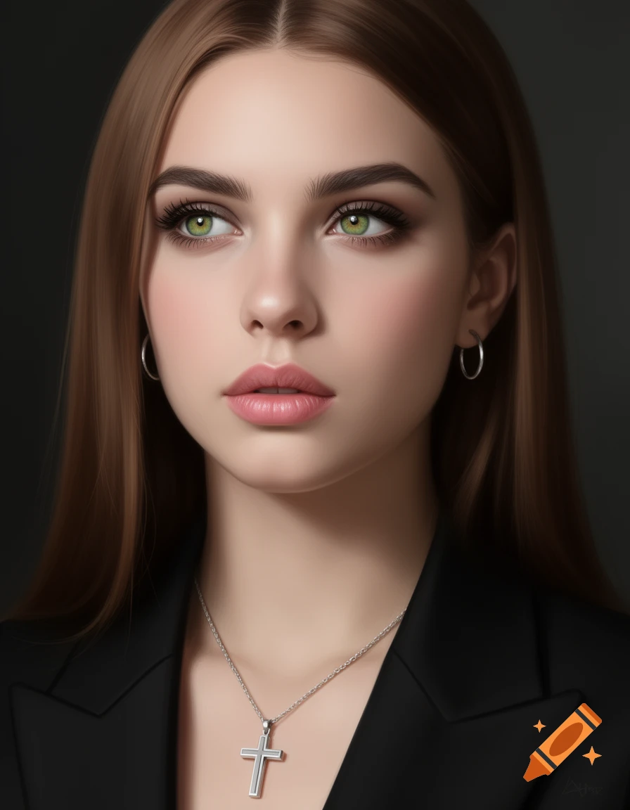 A photorealistic portrait of a young woman with chestnut hair, green eyes, wearing a black blazer and a silver cross necklace.