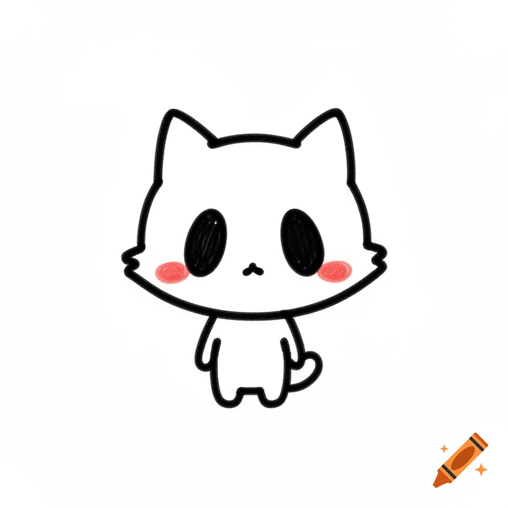 A simple, cute, white cat-like doodle with thick black outlines, large black eyes, and pink cheeks, on a white background.
