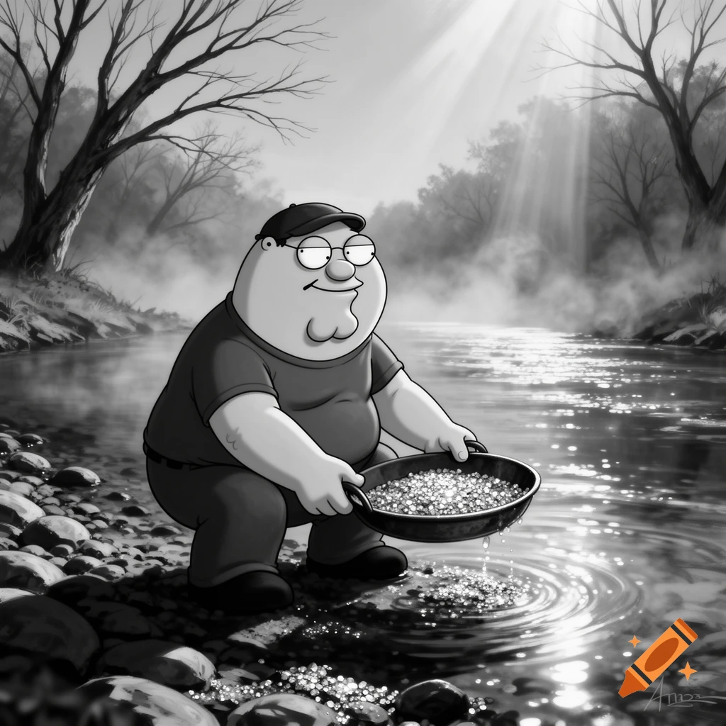 Peter Griffin, dressed in a t-shirt and cap, crouches by a misty river, panning for gold in a black and white illustration.