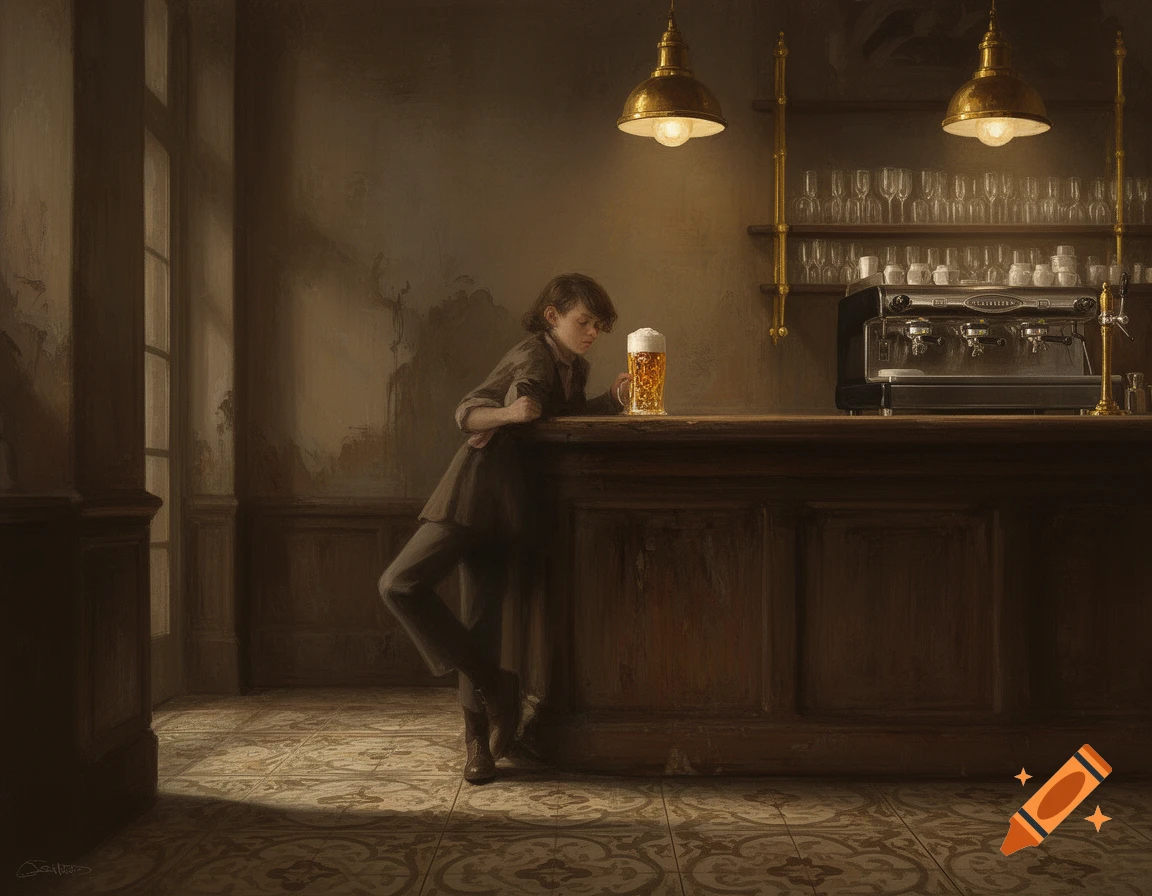 A person in a dark, painterly cafe leans on a wooden bar, looking down at a glass of beer next to a coffee machine.