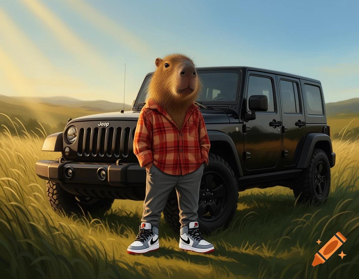 A capybara in a plaid flannel shirt, gray pants, and Jordans stands in a sunny field in front of a black Jeep Wrangler.