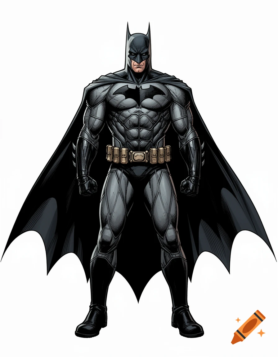 Batman in his grey and black suit with a flowing cape, standing against a white background, in a comic book art style.
