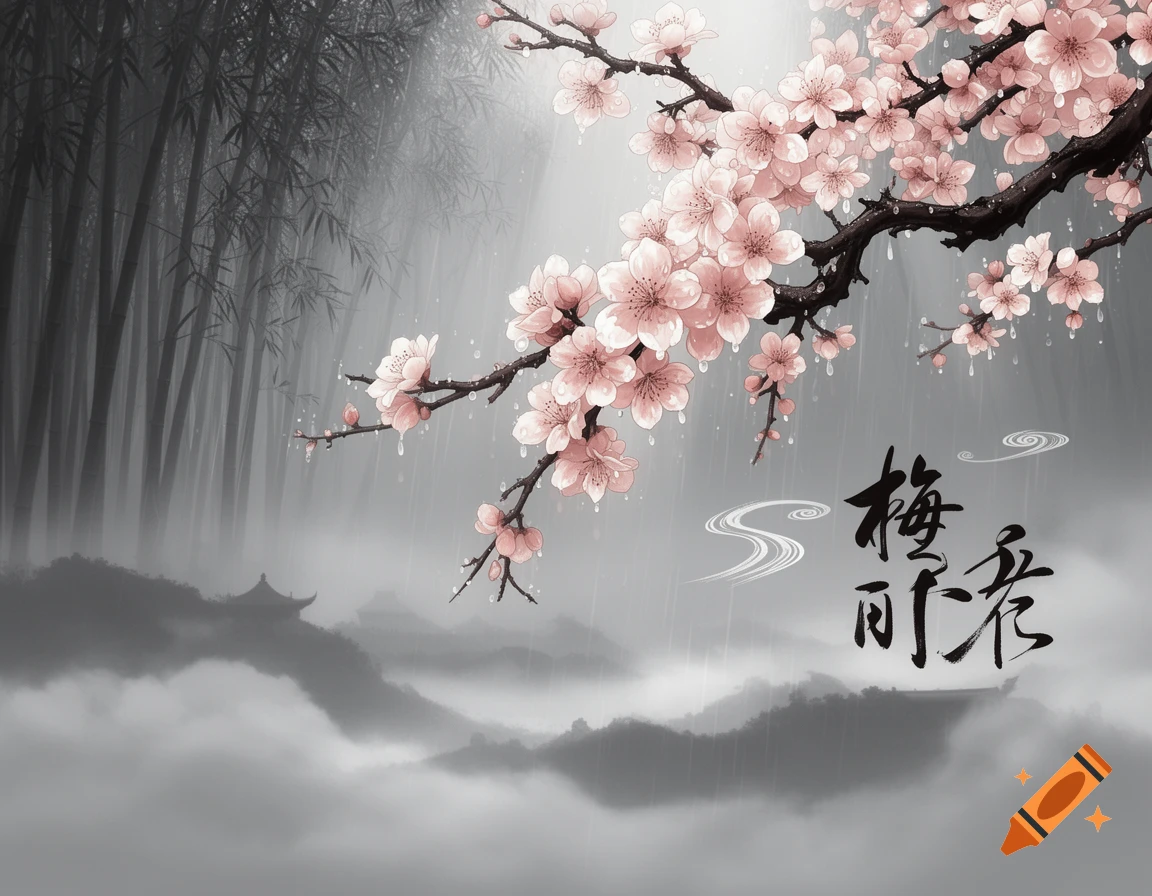 Pink cherry blossoms with raindrops against a misty, grayscale bamboo forest and distant mountains, with Chinese calligraphy.