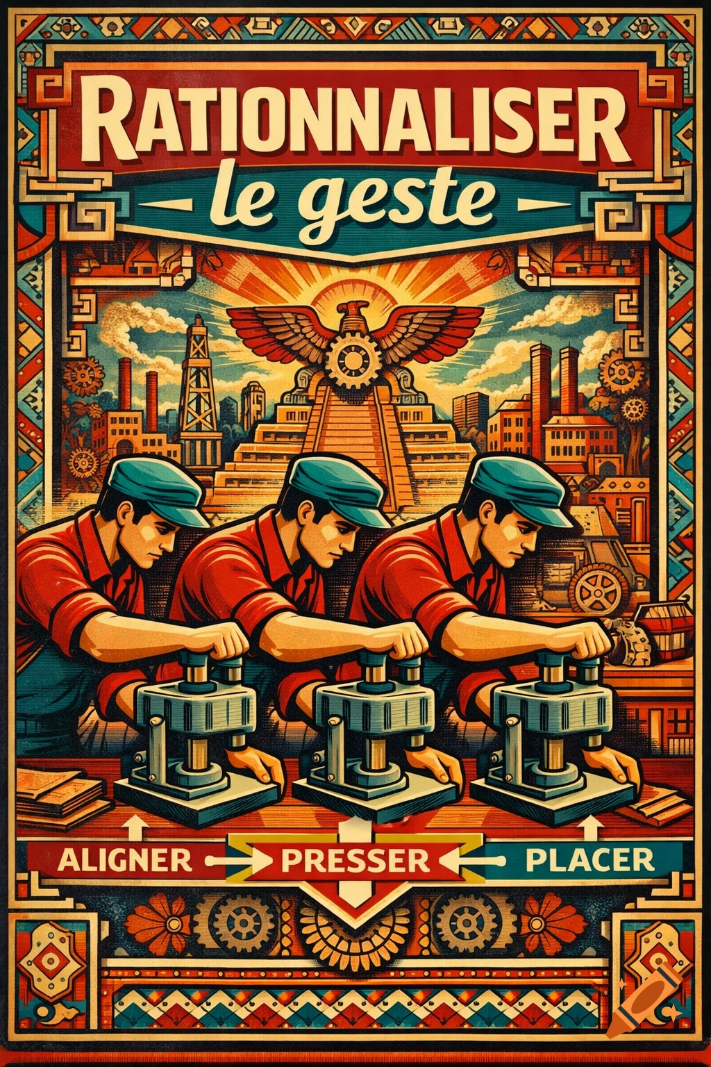 Propaganda poster in retro style showing three men working machines, with factories, a pyramid, and an eagle in the background.
