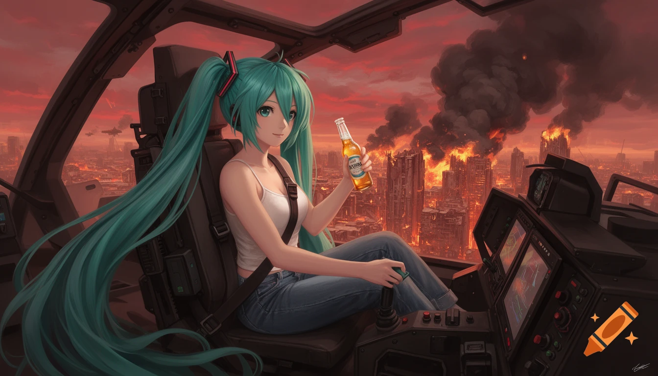 Hatsune Miku in a white tank top and jeans pilots a helicopter, drinking a beer above a city engulfed in fire and smoke.