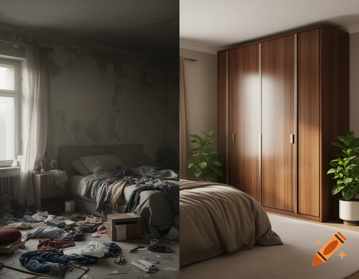 Split image showing a messy, dark bedroom on the left and a clean, modern bedroom with a large wooden wardrobe on the right.