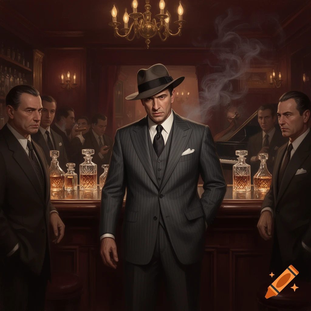 Photorealistic image of men in suits gathered at a dimly lit bar, with a central figure wearing a fedora.