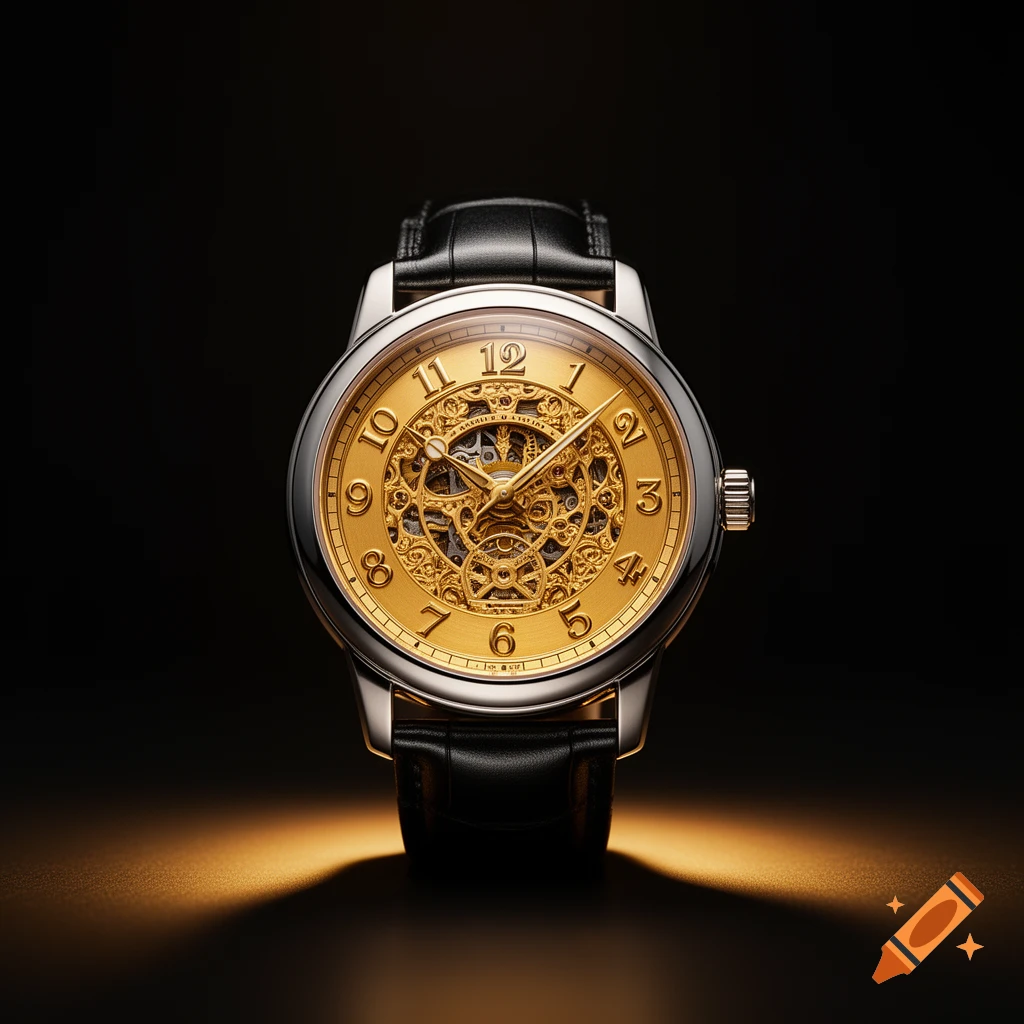 A luxurious golden skeleton watch with a black leather strap, against a dark background with gold lighting.