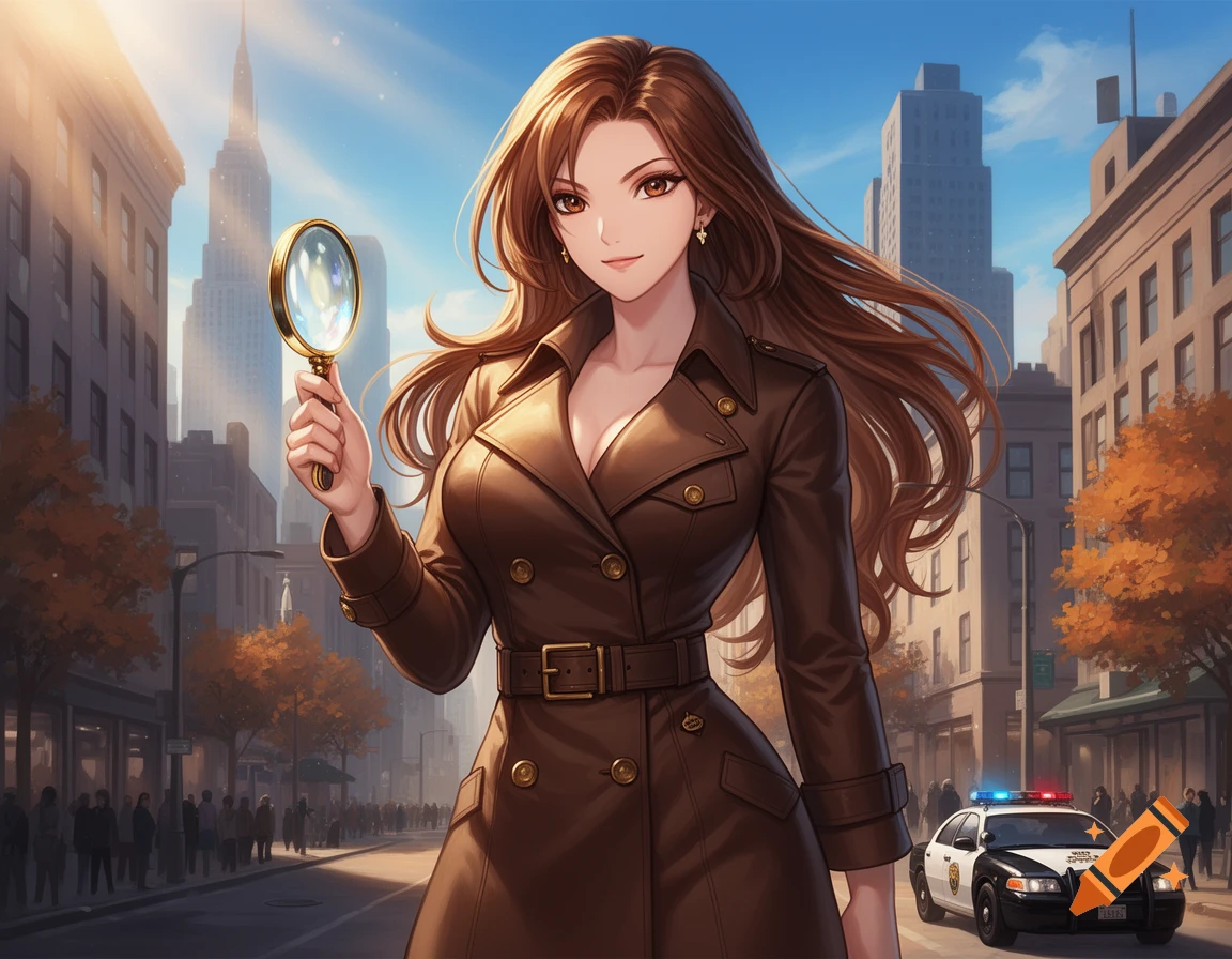 An anime girl detective in a brown trench coat holds a magnifying glass on a city street with a police car and buildings in the background.