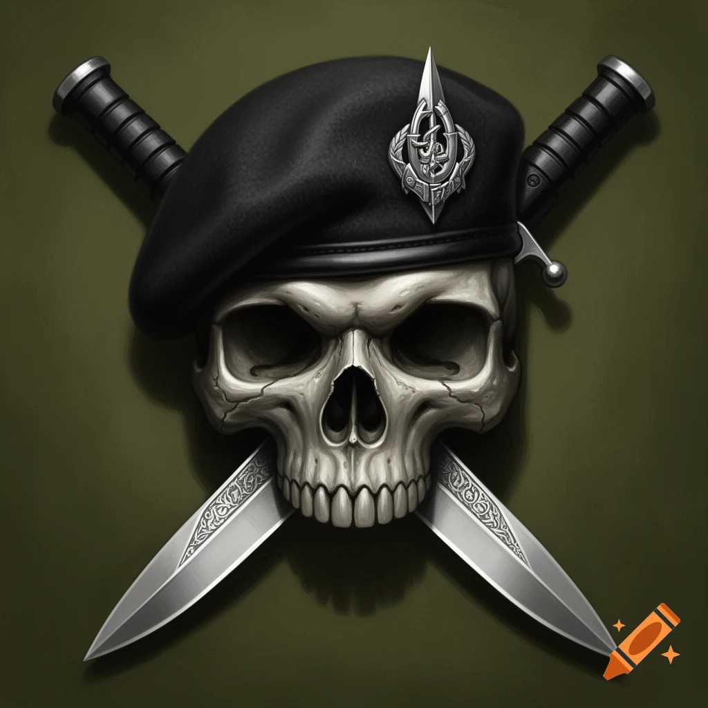 Stylized skull wearing a black military beret with a silver emblem, two knives crossed through its mouth on a dark green background.
