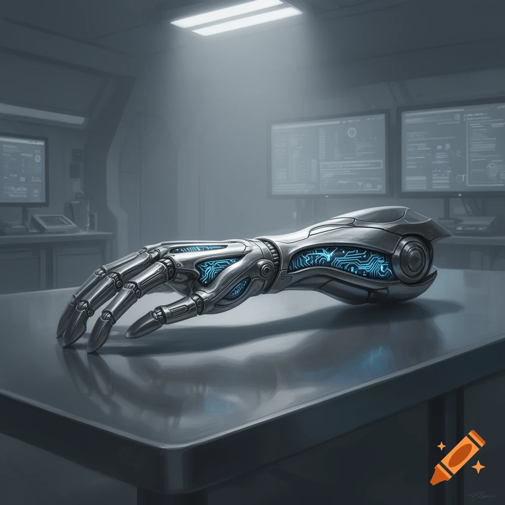 A detailed, metallic cybernetic arm with glowing blue circuitry rests on a table in a dimly lit lab with computer screens.