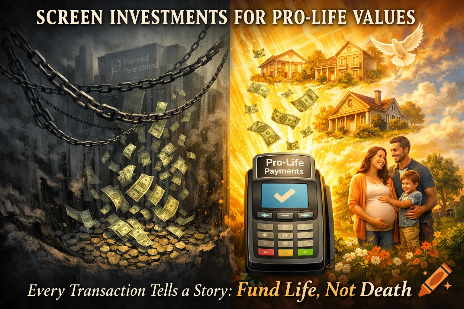Divided landscape contrasting dark money flowing to 'Planned Parenthood' with chains, and bright money flowing to 'Pro-Life Payments' with a family and houses.
