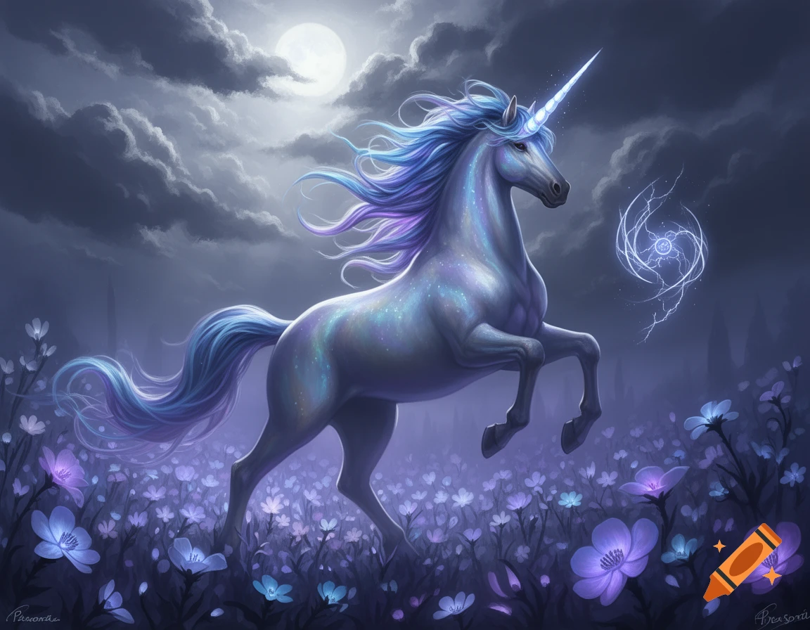 A majestic, iridescent unicorn rears in a field of glowing purple flowers under a full moon, depicted in a fantasy art style.
