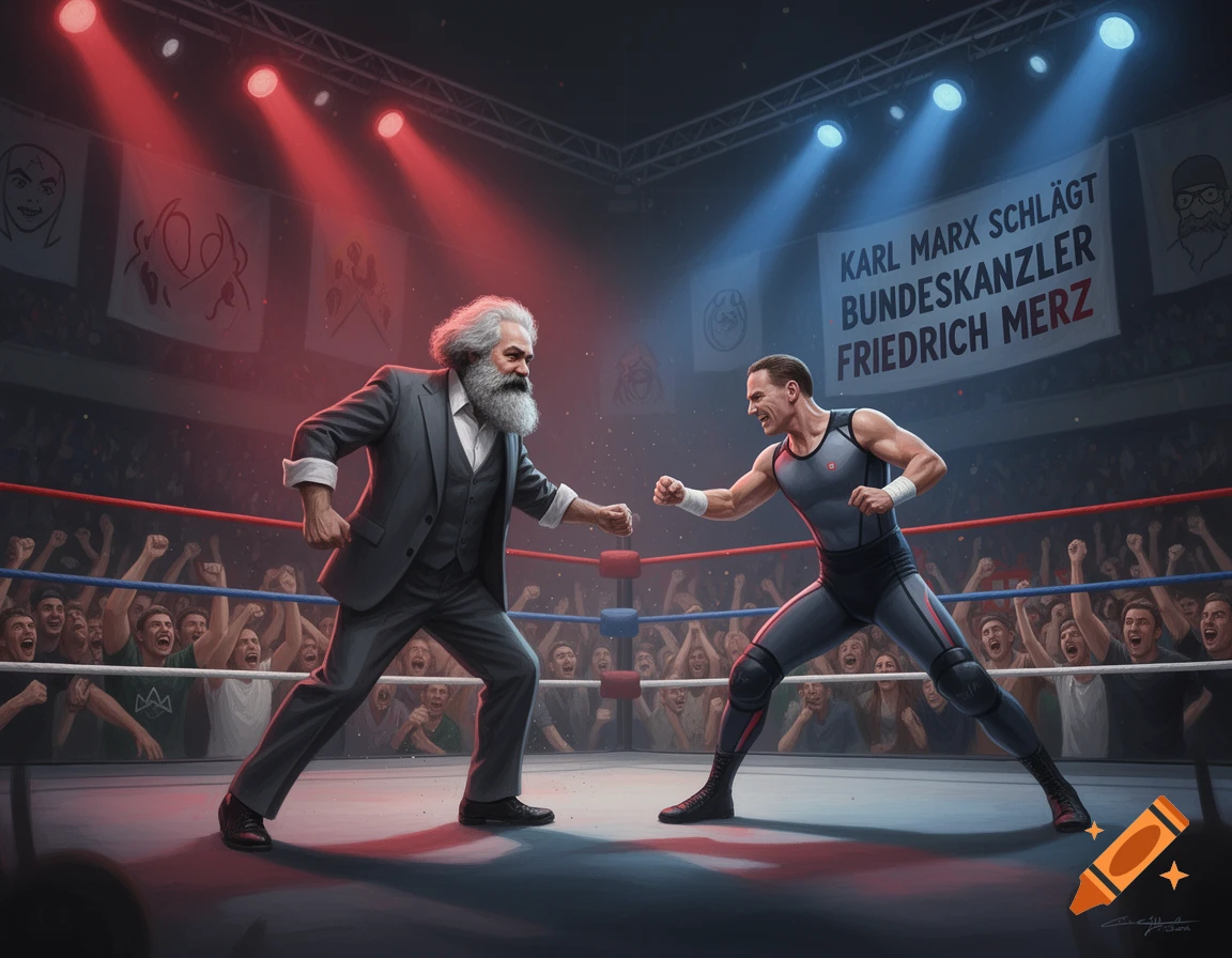 Karl Marx and Friedrich Merz face off in a wrestling ring, illuminated by red and blue lights, with a cheering crowd and a banner overhead.
