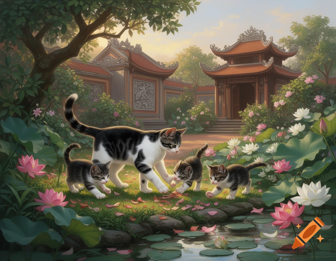 A tabby cat and kittens play in a vibrant Vietnamese palace garden with a pagoda and lotus pond.