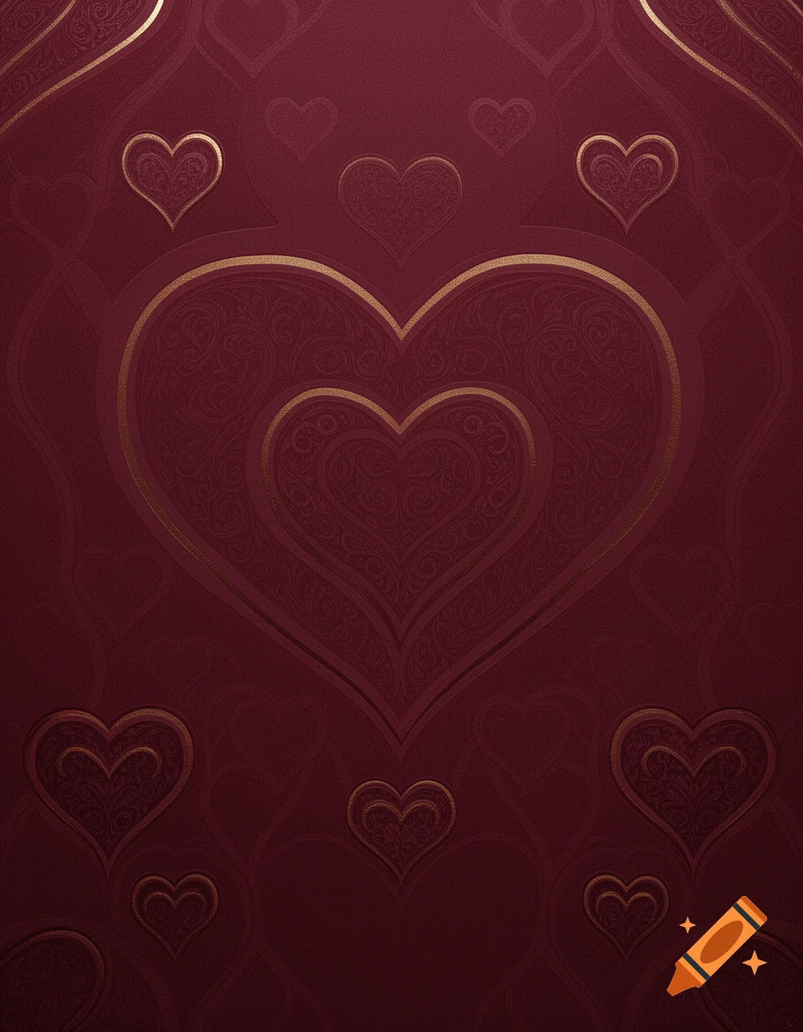 A rich maroon background with ornate gold and maroon heart patterns.