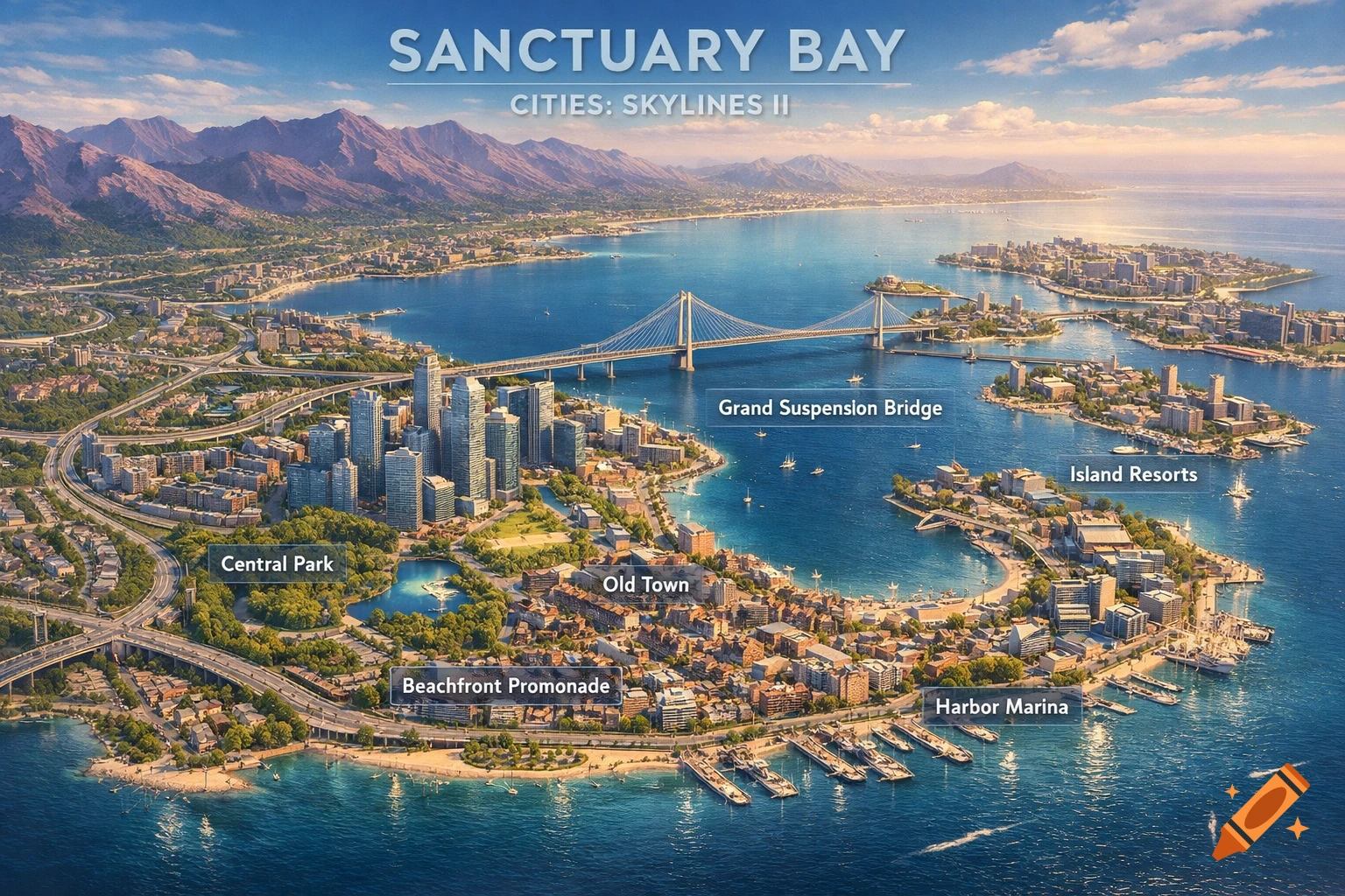 Detailed aerial illustration of Sanctuary Bay city, showing skyscrapers, islands, a suspension bridge, central park, and a harbor marina.
