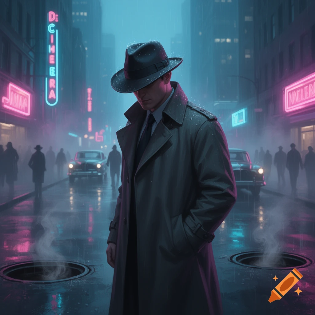 A man in a trench coat and fedora stands in a rainy, neon-lit city street at night, looking down pensively. Steam rises from manholes.