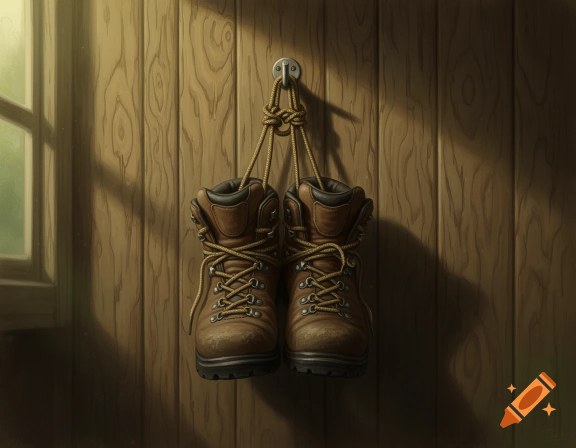 A pair of brown hiking boots with yellow laces, tied together and hanging on a wooden paneled wall by a metal hook. Sunlight casts shadows through a window on the left.