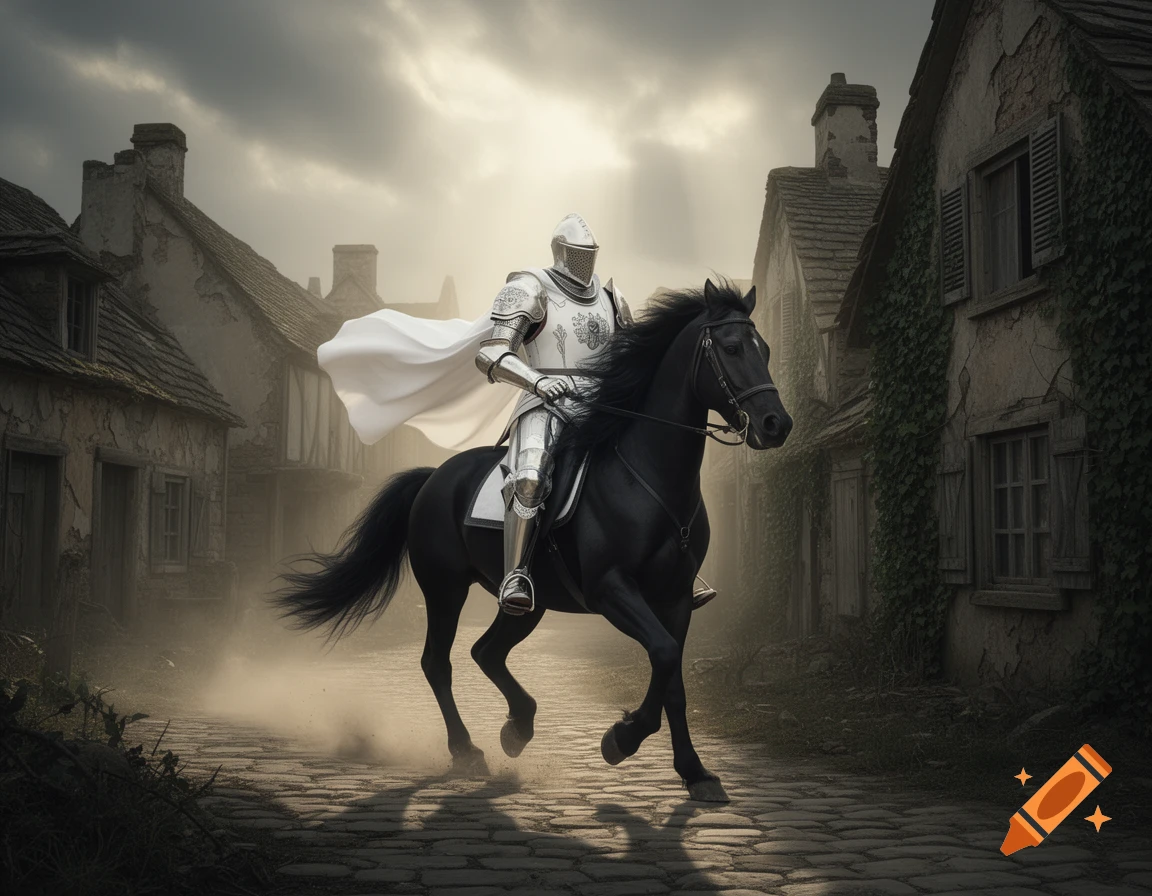 A photorealistic knight in shining white armor rides a black horse ...