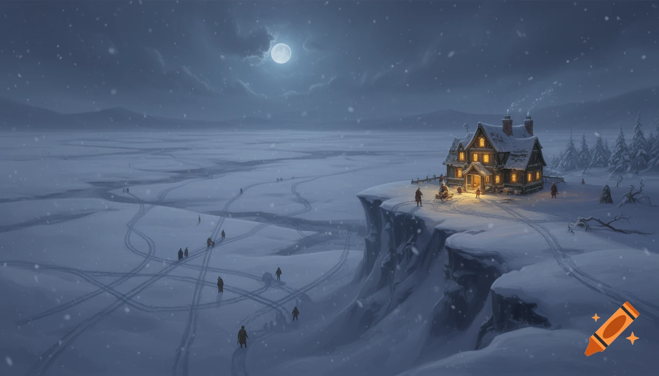 A painterly winter landscape shows an illuminated inn on a snowy cliff under a full moon, with travelers on the frozen expanse.