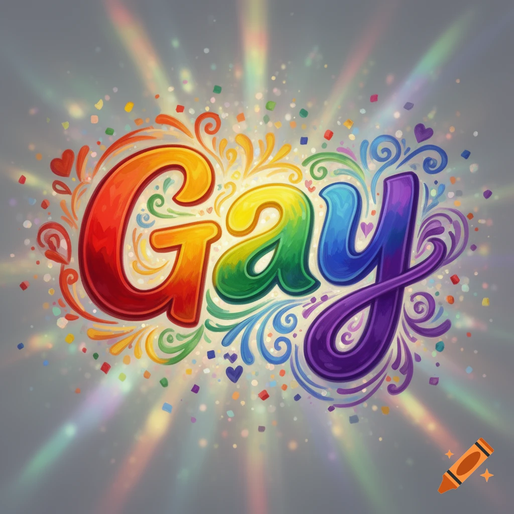 Vibrant, colorful stylized text 'Gay' in rainbow colors with glitter and sparkling light rays.
