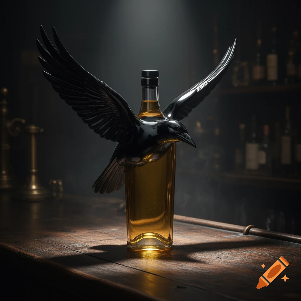A dark, photorealistic image of a crow-shaped whiskey bottle filled with amber liquid, sitting on a wooden bar counter in a dim setting.