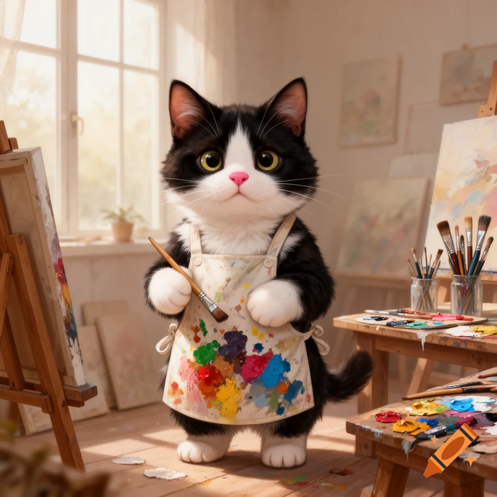 Cute black and white cat in a paint-stained smock holding a paintbrush in an artist's studio.