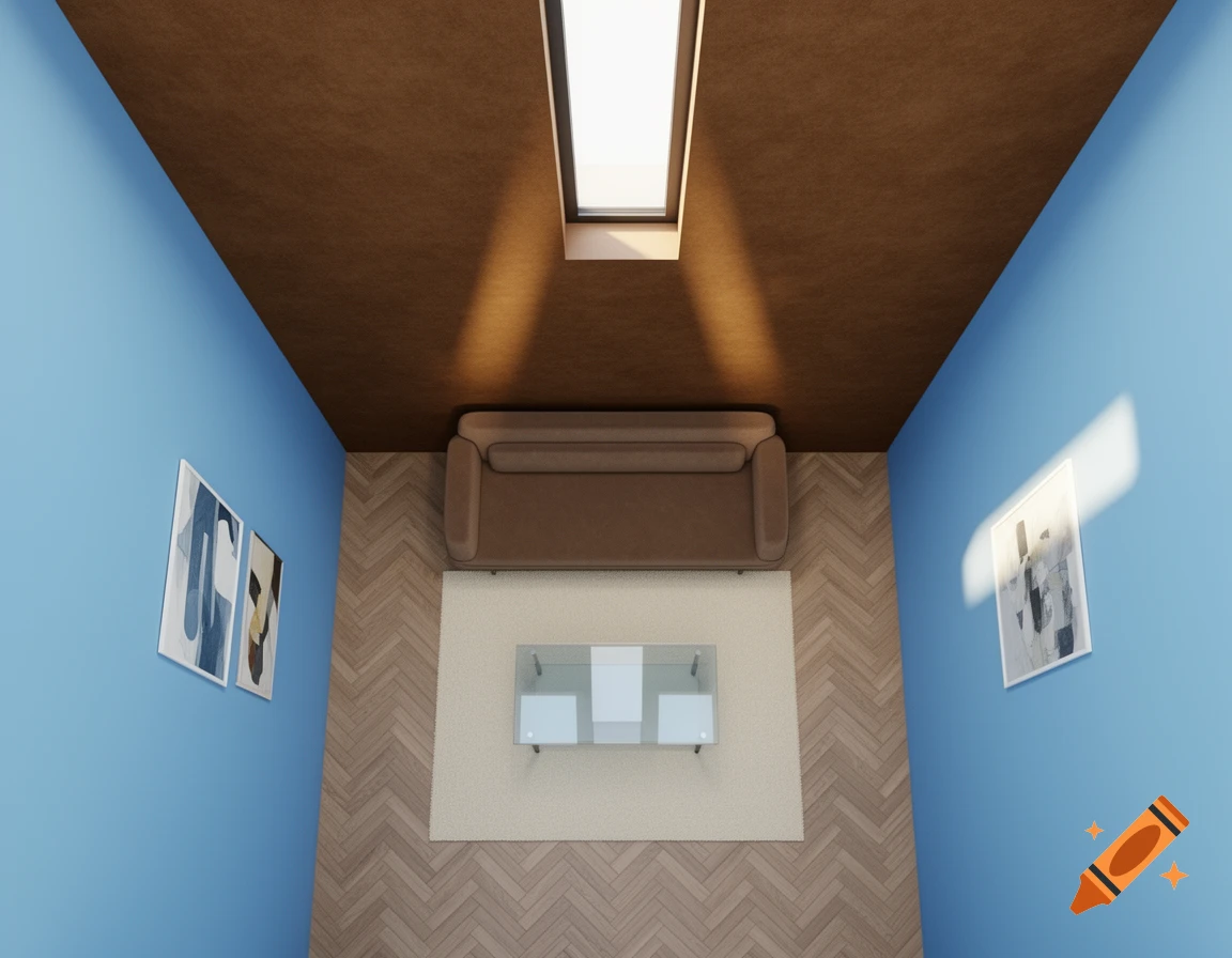 Overhead view of a modern room with a brown ceiling, blue walls, a brown sofa, glass coffee table, and abstract art.