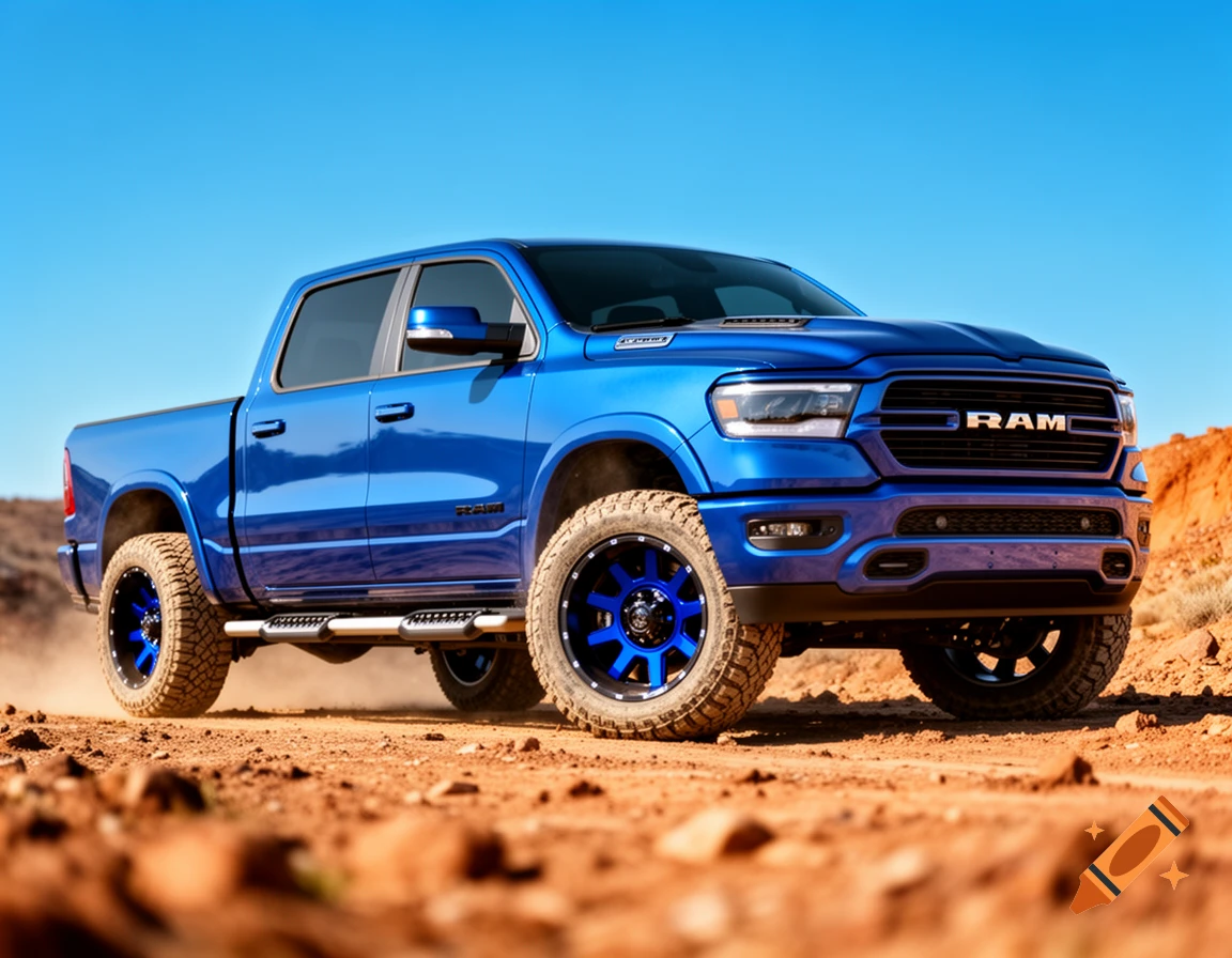 A blue Dodge Ram 1500 Sport truck with a lift kit, running boards, and blue/black rims drives on a dusty dirt road under a clear sky.