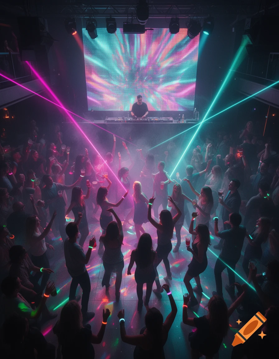 A vibrant nightclub scene with a DJ, glowing neon laser lights, and a crowd of people dancing on the floor.