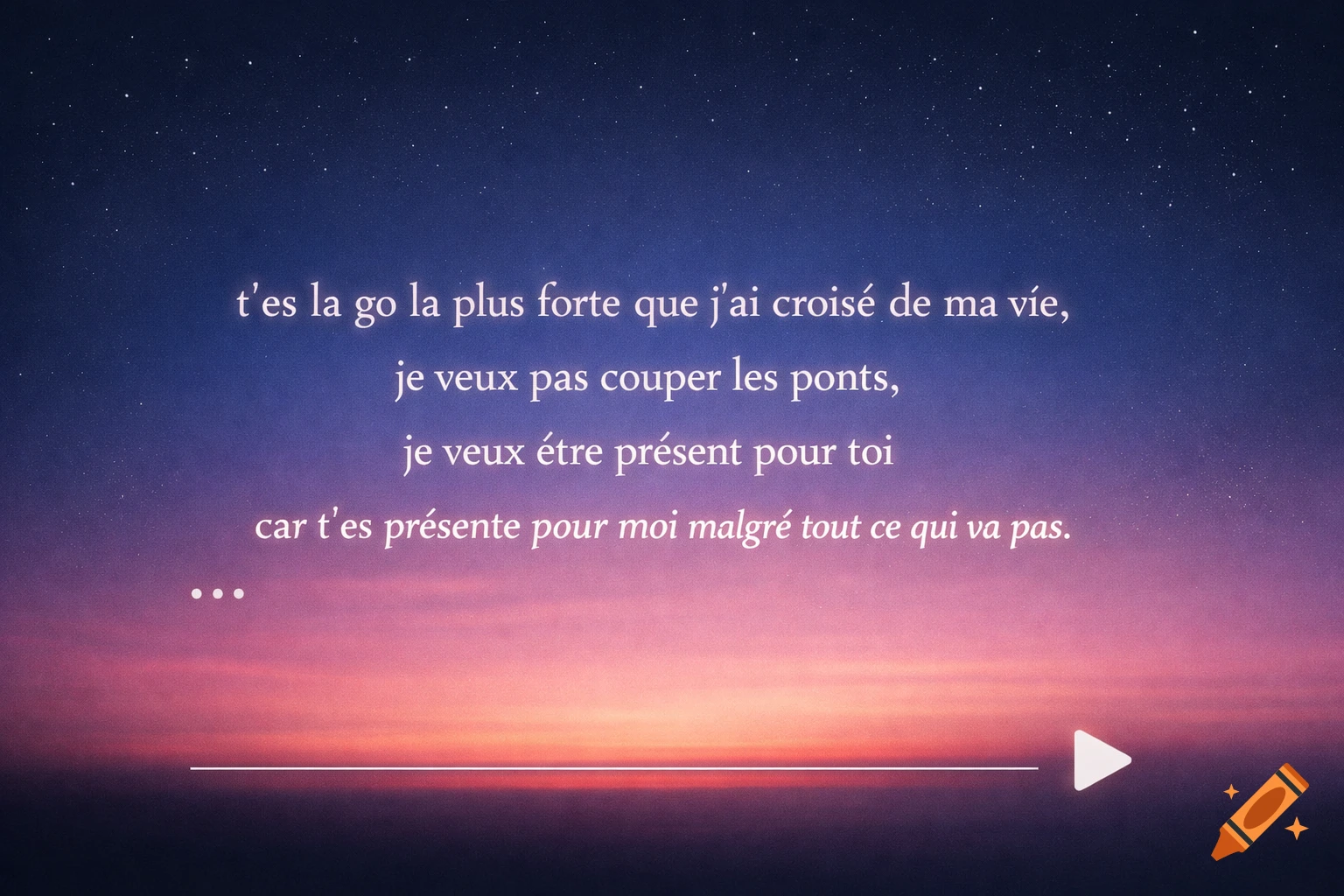 French lyrics displayed in white font against a starry night sky merging into a colorful sunset horizon, with a playback bar.