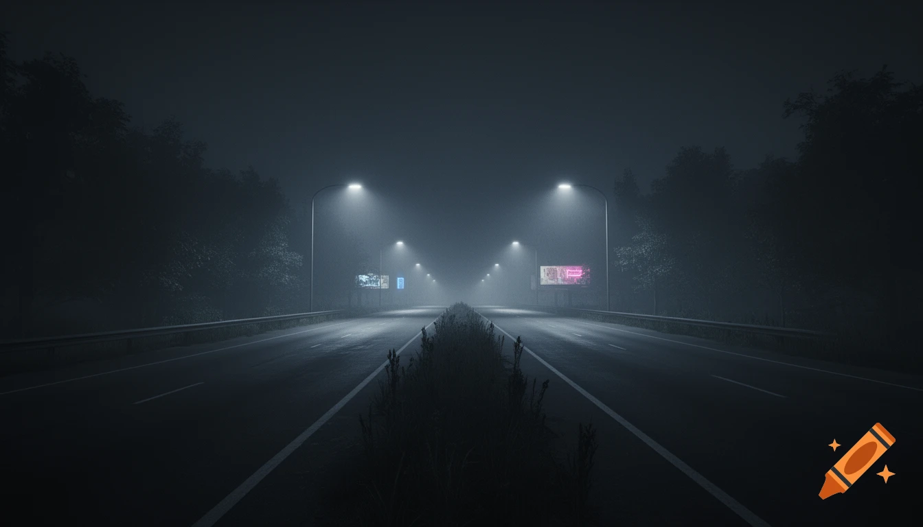 A foggy, dark highway at night, lined with streetlights and two blurry billboards, creating an unsettling liminal space.