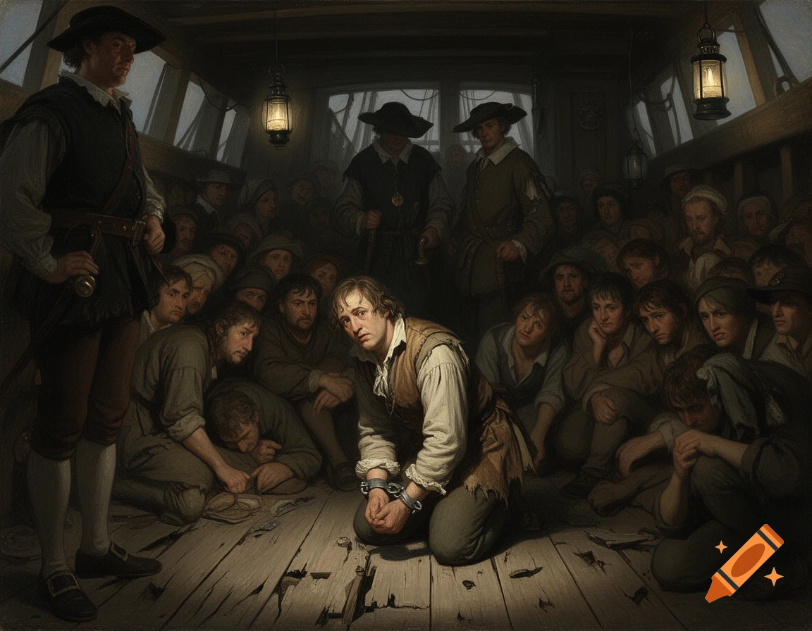 Dramatic painting of shackled men on a crowded, dark ship's deck, overseen by two figures in period clothing.