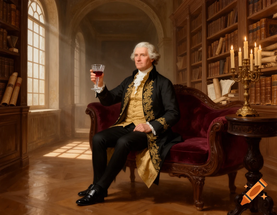 A man resembling Thomas Jefferson, dressed in historical attire, sits on a red sofa in a library, raising a glass of wine.