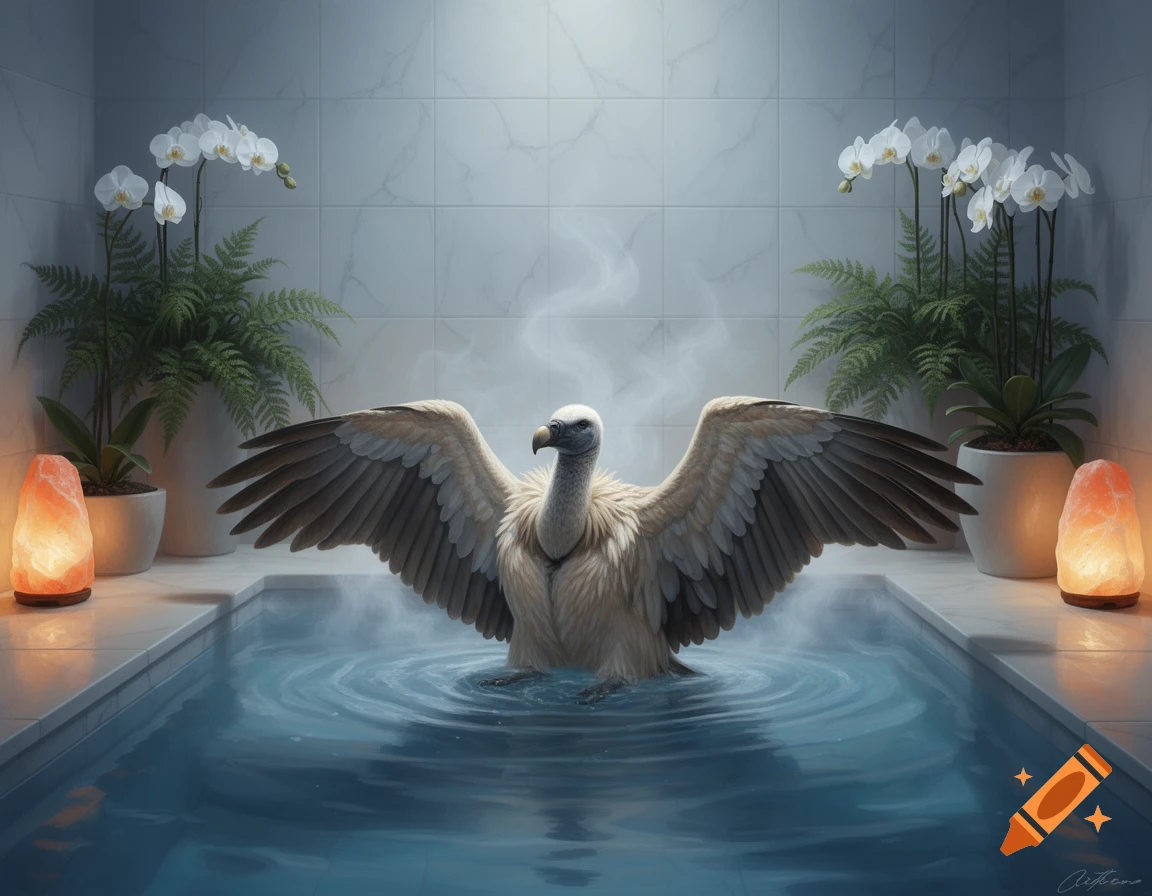 A photorealistic griffon vulture stands in a steamy spa bath with its wings spread, flanked by potted ferns and glowing salt lamps.