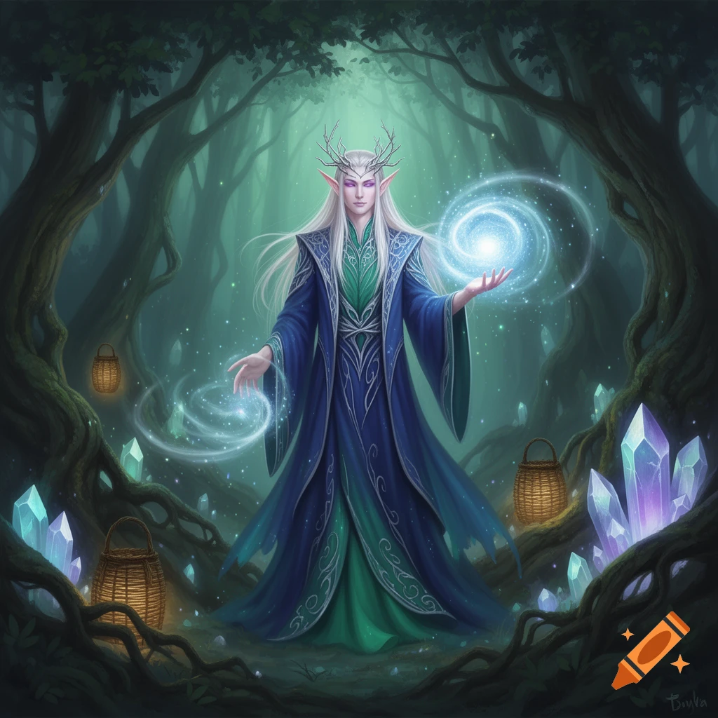 Ethereal white-haired elf sorcerer with antlers conjures a glowing orb in a mystical forest with crystals and lanterns.