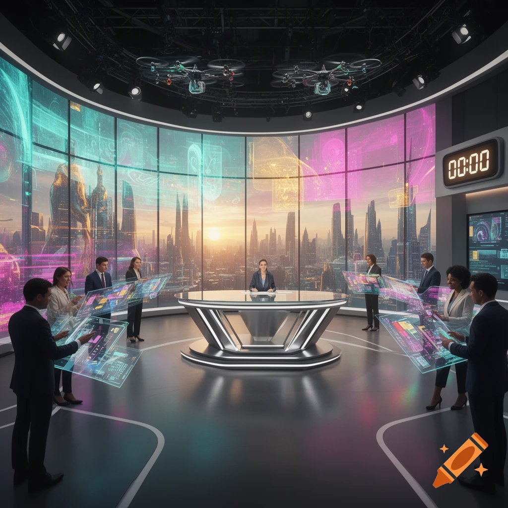 A futuristic news studio with a curved screen showing a city skyline at sunset, surrounded by people using holographic displays and a central anchor desk.