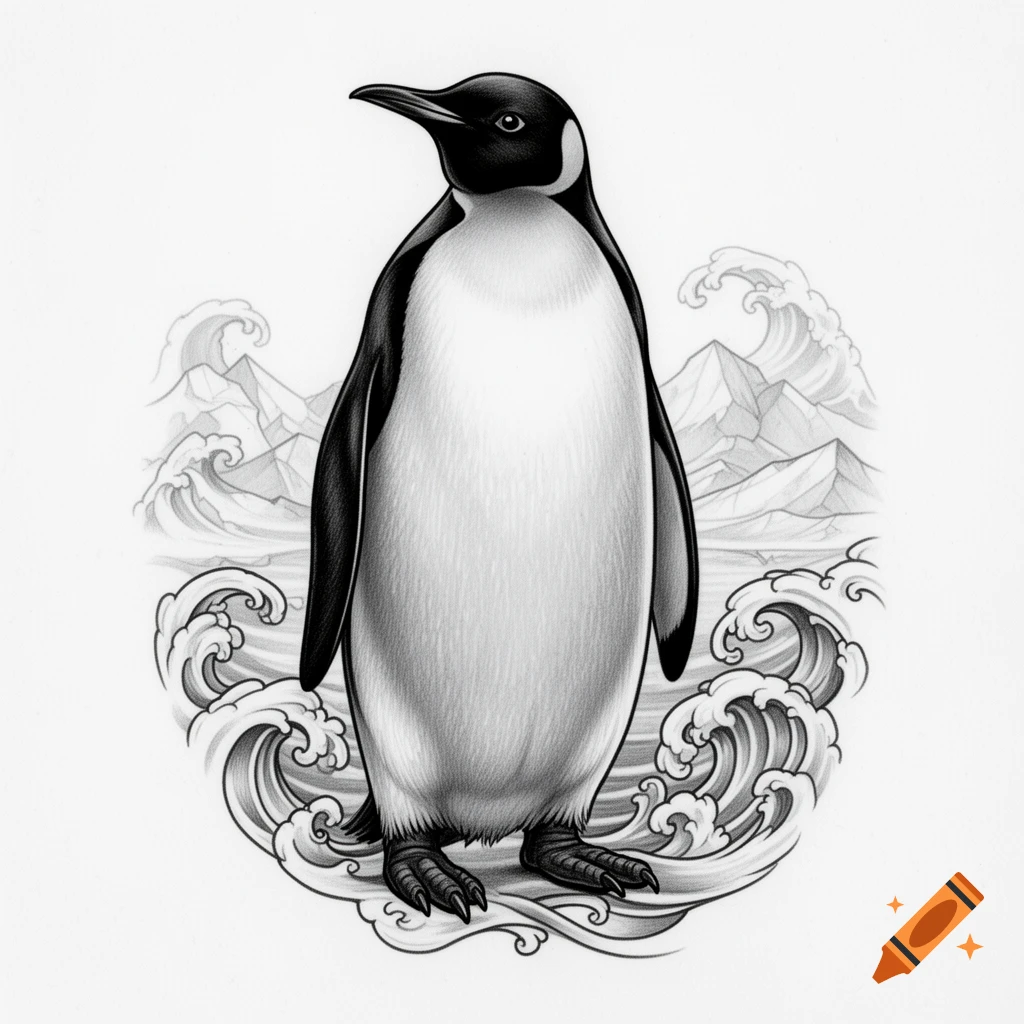 Black and white pencil drawing of an Emperor penguin standing on stylized waves with mountains in the background, in a tattoo design style.