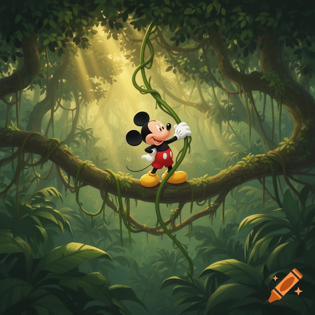 Mickey Mouse stands on a tree limb, holding a green jungle vine, in a lush, sunlit cartoon jungle.