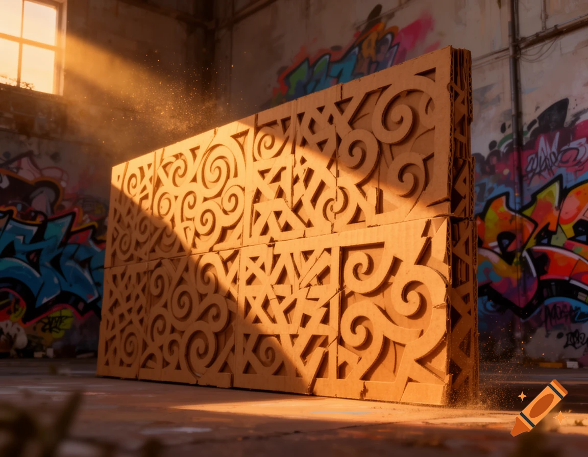 A large decorative cardboard wall with intricate cut-out patterns, in a graffiti-covered abandoned building, lit by sunbeams.