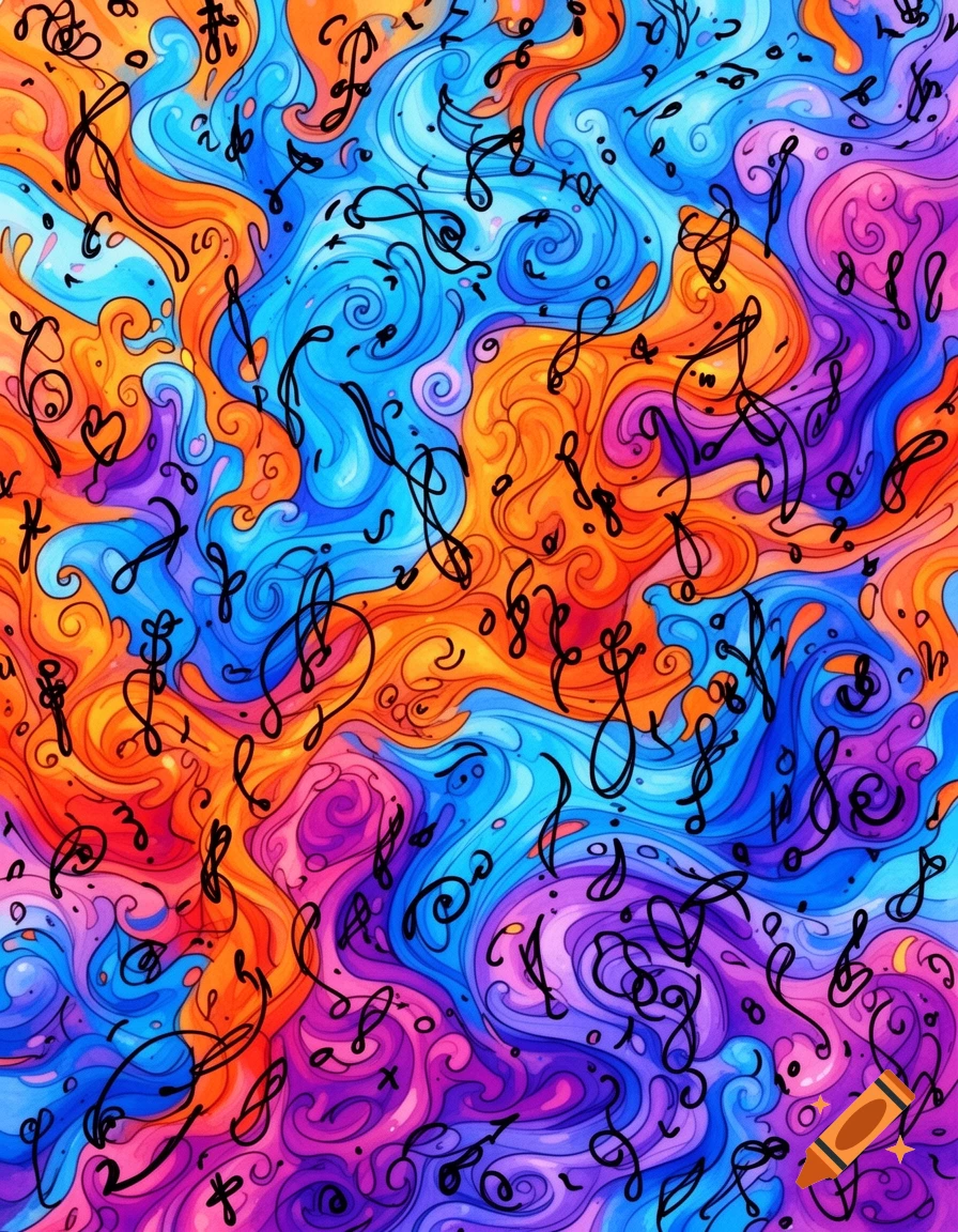 Abstract art featuring a vibrant swirl of orange, blue, pink, and purple colors, overlaid with numerous scattered black doodle lines.