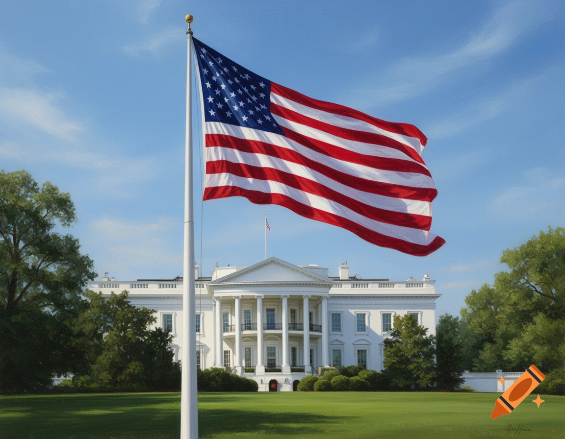 A photorealistic image of a large American flag waving proudly in front of the White House under a clear blue sky.