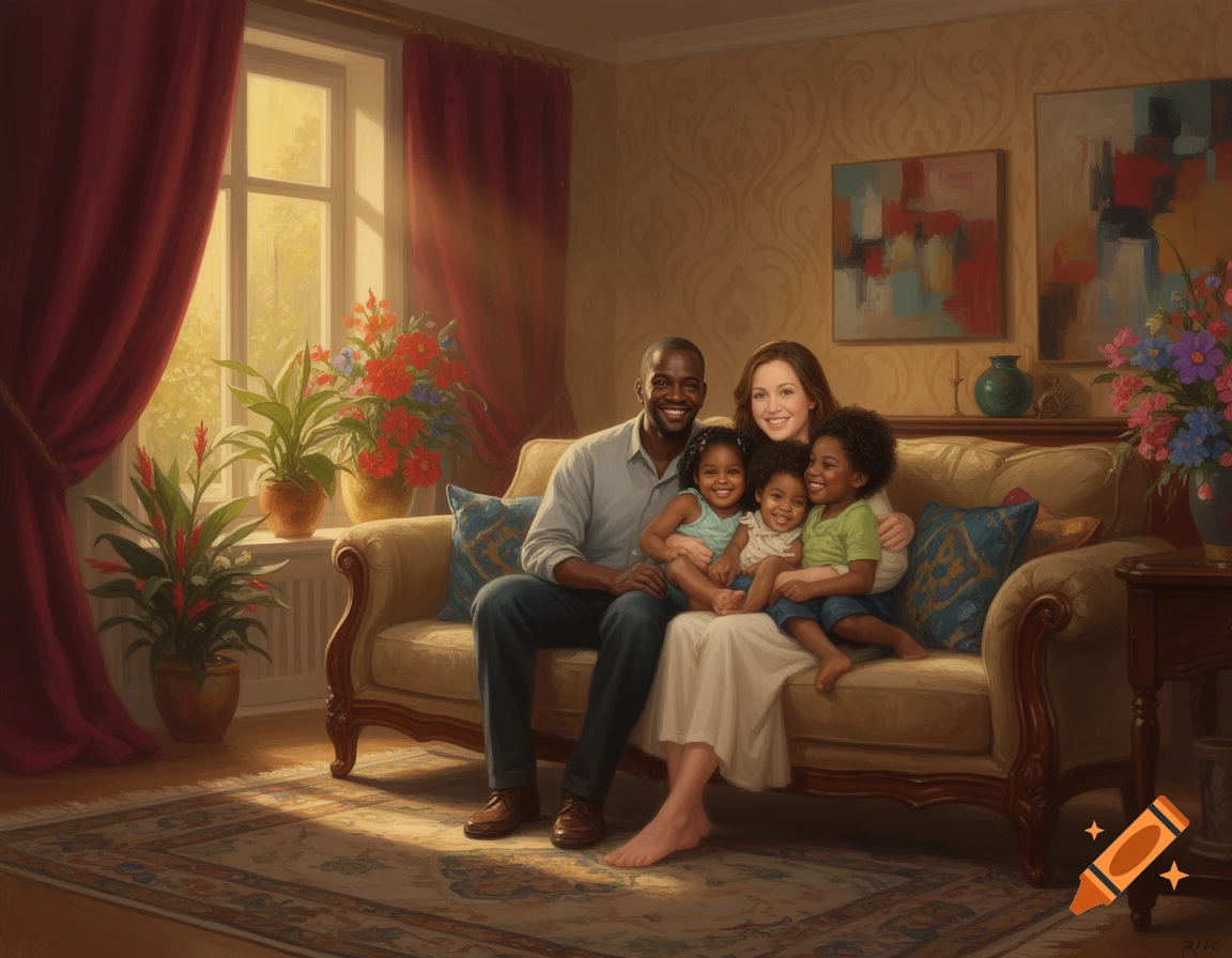 A happy mixed-race family, a Black father, White mother, and three young Black children, smile together on a couch in a warmly decorated living room.