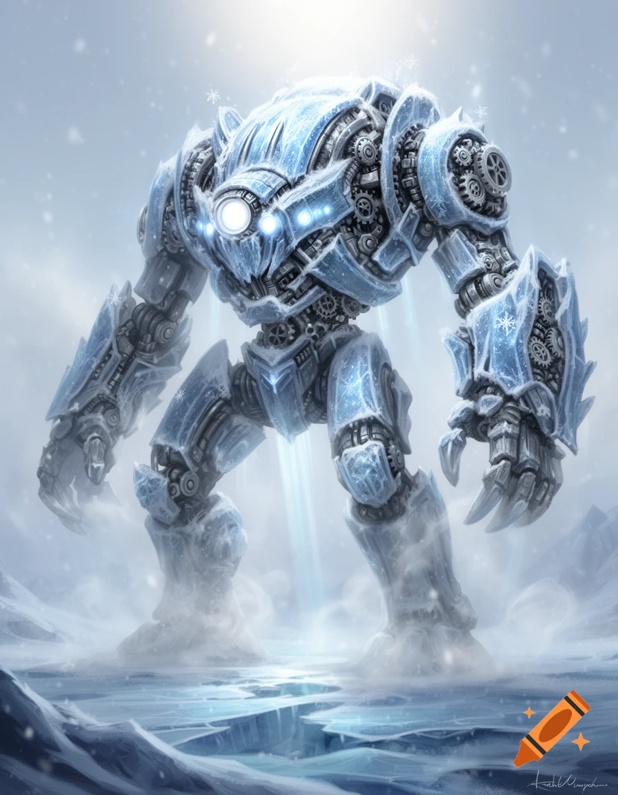 A large, formidable robot made of ice and metal stands in a desolate ...