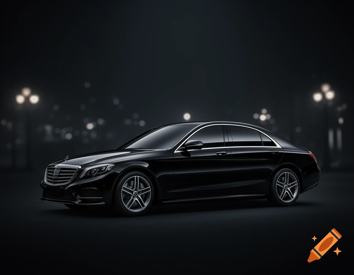 A sleek black Mercedes-Benz luxury sedan parked at night with blurred streetlights in the background.